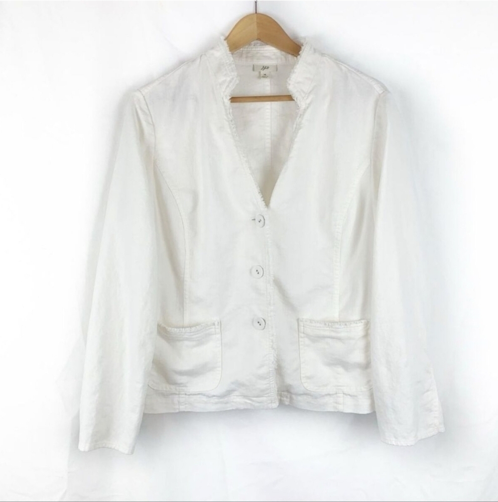 J. Jill  Linen Blend Fringe Trim Blazer Jacket In White Size 12 - Picture 2 of 11